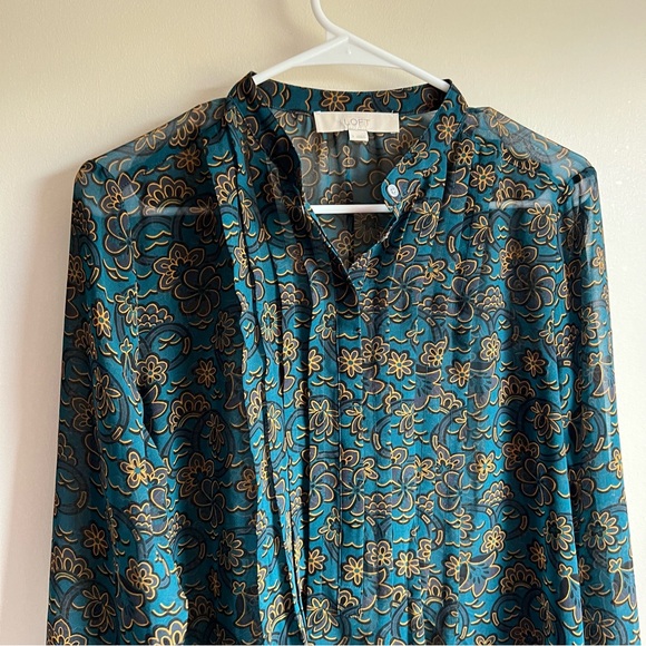 Loft Teal Green Floral Sheer Pintuck Popover Long Sleeve Blouse - Picture 3 of 7